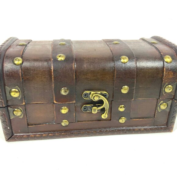 Vintage Wooden Pirate Treasure Chest Jewelry Box Wood Gothic Box Leather & Brass - Picture 1 of 8
